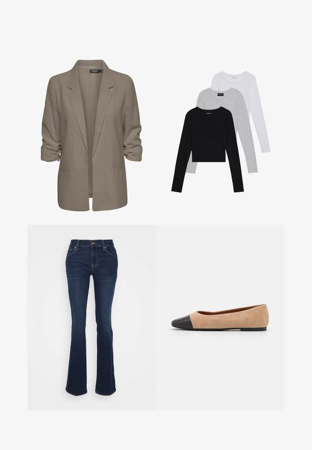 Blazer bej, cu croi lejer, fabrică netedă, are mâneci suflate, două buzunare laterale și un design cu rever zimțat.; Trei bluze cu mânecă lungă așezate: neagră, gri și albă. Fiecare are un guler rotund și un design scurt, realizat dintr-un material fin și ușor.; Jeans evazați de culoare albastru închis, confecționați din denim; talie înaltă, cinci buzunare, accesorii din metal auriu și textură netedă cu o estompare subtilă în zona coapselor.; Baletă din suede bej cu vârf rotund din piele neagră, toc jos și textură netedă, având cusături minime și un design curat.