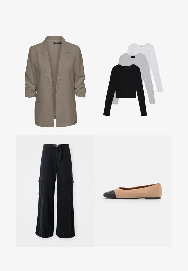 Beige, losse blazer van een gladde stof, met opgerolde mouwen, twee zijzakken en een geknipt revers ontwerp.; Drie langmouwige tops gestapeld: zwart, grijs en wit. Elke top heeft een ronde halslijn en een cropped ontwerp van soepel, lichtgewicht materiaal.; Zwarte wijde cargobroek van katoen met een strikceintuur, voorzien van twee zijzakken en een soepele stoftextuur.; Beige suède ballet flats met een zwarte leren ronde neuskap, lage hak en een gladde textuur, met minimale stiksels en een schone uitstraling.