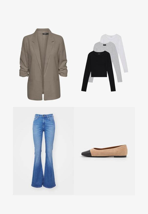 Beige löysä istuva bleiseri, joka on valmistettu sileästä kankaasta, sisältää käännetyt hihansuut, kaksi sivutaskua ja viiltoverhoillun kauluksen muotoilun.; Kolme pitkähihasta paita päällekkäin: musta, harmaa ja valkoinen. Jokaisessa on pyöreä pääntie ja lyhennetty muotoilu, jossa on sileä ja kevyt kangas.; Vaaleansiniset leveälahkeiset farkut, jotka on valmistettu denimmateriaaleista, korkea vyötärö, viisi taskua ja lievä haalistuminen helmaa kohti. Hopeinen napin sulku.; Beige mokkasiner i semsket skinn med svart lær ved tuppen, lav hæl og glatt tekstur, med minimal søm og et rent design.