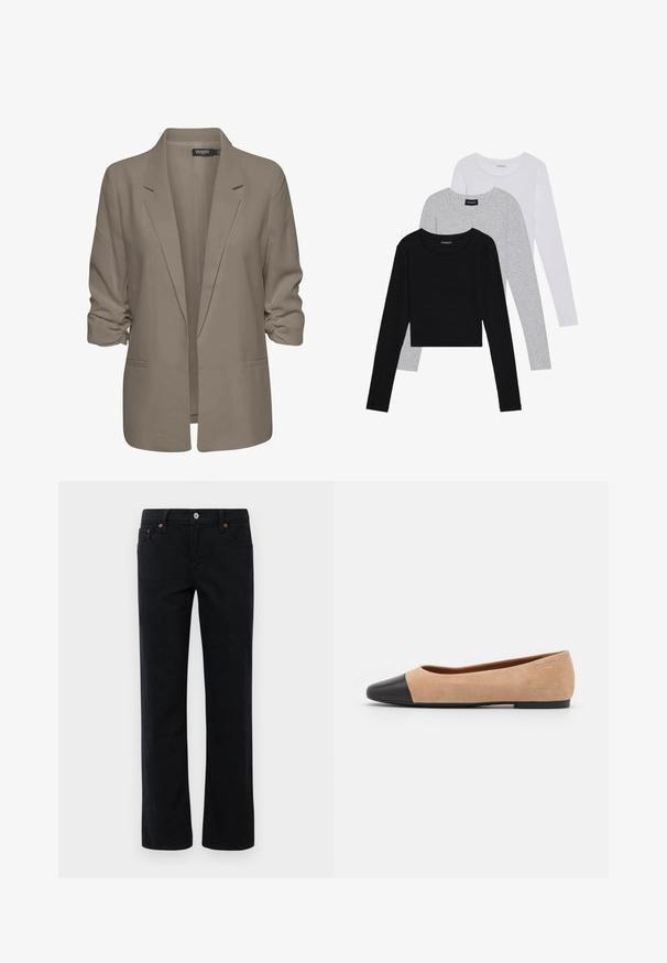 Beige löysä istuva bleiseri, joka on valmistettu sileästä kankaasta, sisältää käännetyt hihansuut, kaksi sivutaskua ja viiltoverhoillun kauluksen muotoilun.; Kolme pitkähihasta paita päällekkäin: musta, harmaa ja valkoinen. Jokaisessa on pyöreä pääntie ja lyhennetty muotoilu, jossa on sileä ja kevyt kangas.; Suorat mustat farkut, joissa on etu- ja takataskut, vyölenkit, napitus ja kuparirivettiedot.; Beige mokkasiner i semsket skinn med svart lær ved tuppen, lav hæl og glatt tekstur, med minimal søm og et rent design.