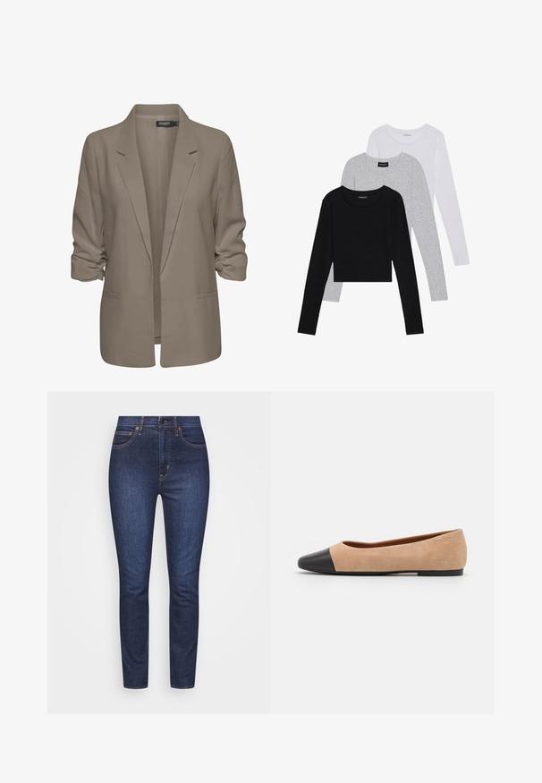 Béžový voľný sako, vyrobené z hladkej látky, má zrolované rukávy, dve bočné vrecká a design so zárezom na klopách.; Tričko s dlhým rukávom v troch farbách: čiernej, sivej a bielej. Každé má okrúhly výstrih a skrátený strih vyrobený z hladkej, ľahkej tkaniny.; Tmavomodré denimové rifle so slim strihom, piatimi vreckami, zipsom, šitými detailmi a medenými akcentmi. Hladká textúra s minimálnym vyblednutím.; Béžové semišové baletky s čiernou koženou okrúhlou špičkou, nízkym podpätkom a hladkou textúrou, s minimálnym prešívaním a čistým dizajnom.
