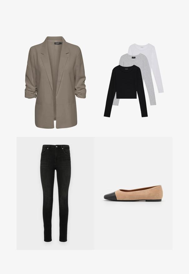 Bézs színű, laza szabású blézer, sima anyagból készült, felgÖngyölt ujjakkal, két oldalsó zsebbel és cakkos rever kialakítással.; Három hosszú ujjú póló egymásra rakva: fekete, szürke és fehér. Mindegyiknek kerek nyaka van, és rövidített fazonnal rendelkezik, sima, könnyű anyagból készült.; Fekete, skinny szabású farmernadrág. Klasszikus öt zsebes dizájn, cipzáras és gombos záródással. Sima textúra és formás sziluett.; Beige velúr balettcipő fekete bőr kerek orral, alacsony sarokkal és sima textúrával, minimális varrással és letisztult dizájnnal.
