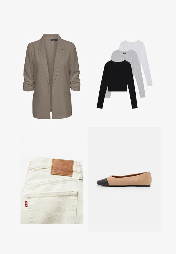 Blazer beige de corte holgado, hecho de tela suave, presenta mangas enrolladas, dos bolsillos laterales y un diseño de solapa muesca.; Tres camisetas de manga larga apiladas: negra, gris y blanca. Cada una tiene un escote redondo y un diseño recortado con una tela suave y ligera.; Vaqueros de mezclilla beige con un parche de cuero que incluye "Levi Strauss & Co." y la icónica etiqueta roja. Detalle de costura distintivo en el bolsillo trasero visible.; Bailarina de ante beige con una puntera redondeada de cuero negro, tacón bajo y textura suave, que presenta costuras mínimas y un diseño limpio.