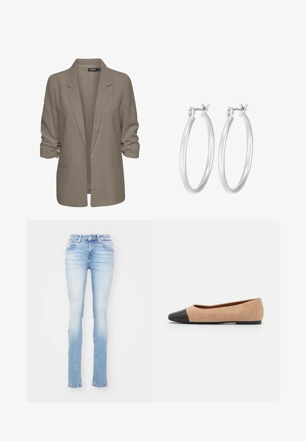 Bežs brīvā piegriezuma žakete, izgatavota no gludas auduma, ar sarullētām piedurknēm, divām sānu kabatām un ar iedziļinātu apkakles dizainu.; Trīs garām piedurknēm veidotas augšdaļas, sakrautās: melna, pelēka un balta. Katram ir noapaļots kakla izgriezums un īsa dizaina forma ar gludu, vieglu audumu.; Gaisblue džinsus ar šauru piegriezumu, izgatavoti no denima, ar vidēju vidukļa līmeni, piecām kabatām un vieglu izbalējumu gurnos un ceļgala daļā.; Beigā zamšādas balerīnas ar melnu ādas noapaļotu purngalu, zemu papēdi un gludu tekstūru, ar minimālu dūrienu un tīru dizainu.; Sudraba riņķveida auss gredzeni ar gludu, pulētu apdari. Apaļa forma un drošs klikšķa augšējais slēgums. Viegls dizains, kas piemērots ikdienas valkāšanai.