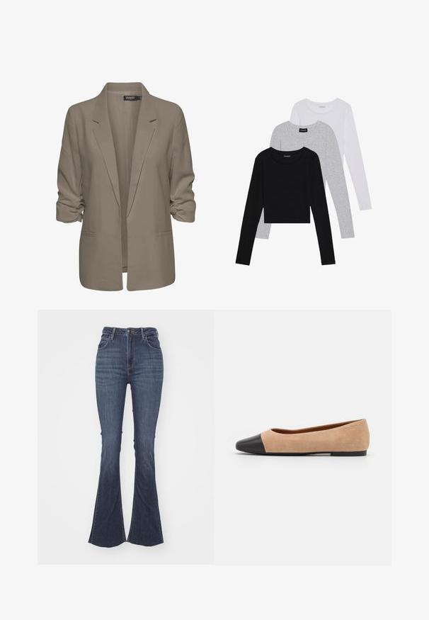 Blazer bej, cu croi lejer, fabrică netedă, are mâneci suflate, două buzunare laterale și un design cu rever zimțat.; Trei bluze cu mânecă lungă așezate: neagră, gri și albă. Fiecare are un guler rotund și un design scurt, realizat dintr-un material fin și ușor.; Jeans evazați, cu talie înaltă, de culoare albastru închis, fabricate din denim, având un sistem de închidere cu nasture în față, cinci buzunare și o finisare netedă, texturată.; Baletă din suede bej cu vârf rotund din piele neagră, toc jos și textură netedă, având cusături minime și un design curat.