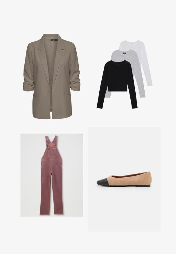 Blazer beige dal taglio morbido, realizzato in tessuto liscio, con maniche arrotolate, due tasche laterali e design con revers a punta.; Tre magliette a maniche lunghe impilate: nera, grigia e bianca. Ognuna ha un colletto rotondo e un design accorciato con tessuto morbido e leggero.; Overall in denim a righe rosse con bretelle regolabili, grande tasca frontale e tasche laterali. Presenta hardware metallico e orlo cucito.; Ballerine in suede beige con punta tonda in pelle nera, tacco basso e texture liscia, caratterizzate da cuciture minime e un design pulito.