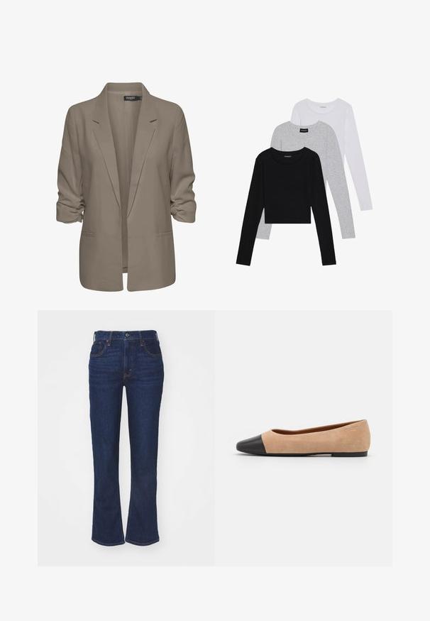 Blazer beige dal taglio morbido, realizzato in tessuto liscio, con maniche arrotolate, due tasche laterali e design con revers a punta.; Tre magliette a maniche lunghe impilate: nera, grigia e bianca. Ognuna ha un colletto rotondo e un design accorciato con tessuto morbido e leggero.; Jeans a zampa d'elefante in denim blu scuro con vita alta, design a cinque tasche, cuciture a contrasto e chiusura con bottone. Texture liscia.; Ballerine in suede beige con punta tonda in pelle nera, tacco basso e texture liscia, caratterizzate da cuciture minime e un design pulito.