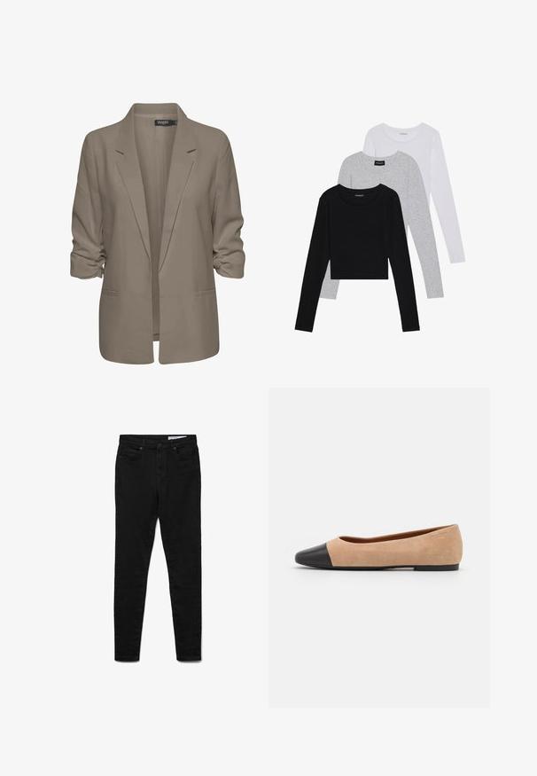 Blazer beige de corte holgado, hecho de tela suave, presenta mangas enrolladas, dos bolsillos laterales y un diseño de solapa muesca.; Tres camisetas de manga larga apiladas: negra, gris y blanca. Cada una tiene un escote redondo y un diseño recortado con una tela suave y ligera.; Vaqueros skinny negros de cintura alta con bolsillos delanteros y traseros, cierre de botón y cremallera, y una etiqueta de Vero Moda en la cinturilla.; Bailarina de ante beige con una puntera redondeada de cuero negro, tacón bajo y textura suave, que presenta costuras mínimas y un diseño limpio.