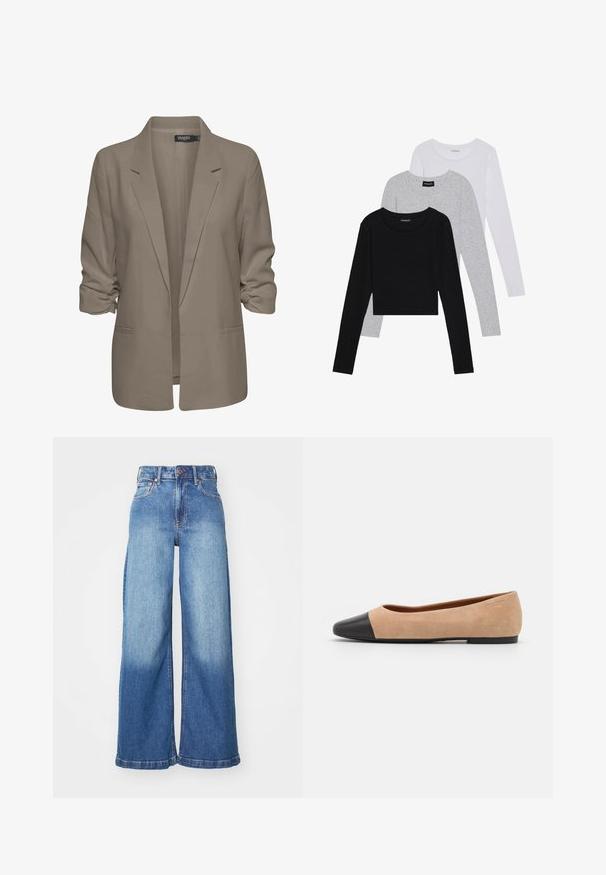 Beige lõdvalt istuv bleiser, valmistatud siledast kangast, millel on üleskeeratud varrukad, kaks küljetaskut ja lõikega krae.; Kolm pikkade varrukatega toppi, mis on üksteise peale asetatud: must, hall ja valge. Igal ühel on ümar kaelus ja lühike disain, valmistatud siledast, kergekaalulisest kangast.; Kõrge vöökohaga laiad sinised teksapüksid, millel on ees nupp, lukuga ja klassikaline viie tasku disain.; Beežist nubukist balletkingad musta nahast ümara ninaotsaga, madala kanna ja siledaga, millel on minimaalne õmblus ja lihtne disain.