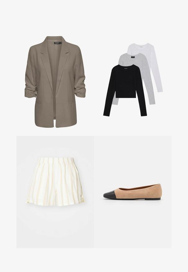 Bež srajcni blazer, ohlapen kroj, izdelan iz gladkega materiala, z zavitimi rokavi, dvema stranskima žepoma in zareznim ovratnikom.; Tri dolga rokava zložena: črna, siva in bela. Vsaka ima okroglo izreznico in skrajšan dizajn z gladkim, lahkotnim materialom.; Beli kratki hlače s tankimi rumenimi vertikalnimi črtami, elastičnim pasom in stranskimi razporki. Narejene iz lahkega, zračnega materiala.; Bež suedska baletna obutev s črnim usnjenim okroglim delom na prstih, nizko peto in gladko teksturo, ki se ponaša z minimalnimi šivi in čistim dizajnom.