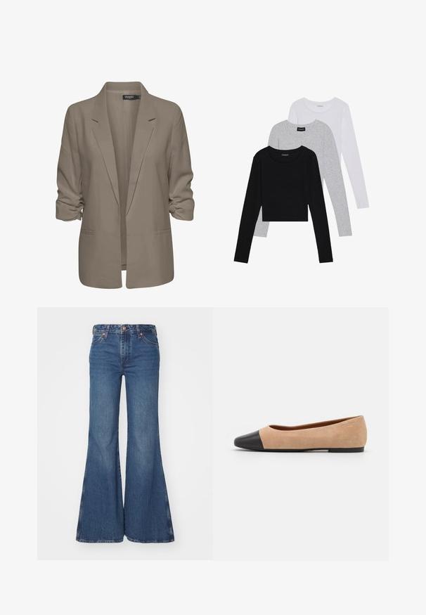 Blazer beige ample, fabriqué en tissu lisse, présente des manches retroussées, deux poches latérales et un design à revers.; Trois hauts à manches longues empilés : noir, gris et blanc. Chacun a un col rond et un design court avec un tissu lisse et léger.; Jean en denim bleu évasé avec taille haute, dotés d'une fermeture à bouton, de cinq poches et d'une texture légèrement délavée sur les jambes.; Ballet flat en suédine beige avec un embout rond en cuir noir, petit talon et texture lisse, présentant des coutures minimales et un design épuré.