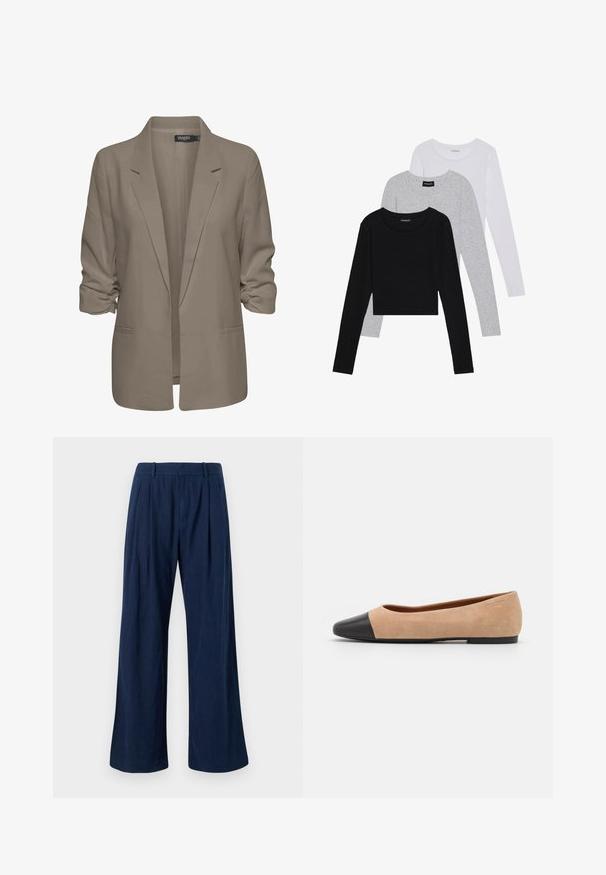 Bež srajcni blazer, ohlapen kroj, izdelan iz gladkega materiala, z zavitimi rokavi, dvema stranskima žepoma in zareznim ovratnikom.; Tri dolga rokava zložena: črna, siva in bela. Vsaka ima okroglo izreznico in skrajšan dizajn z gladkim, lahkotnim materialom.; Mornarske široke hlače iz lahkega blaga, z visokim pasom, gubami in čistimi šivi. Gladka tekstura in kroj po meri.; Bež suedska baletna obutev s črnim usnjenim okroglim delom na prstih, nizko peto in gladko teksturo, ki se ponaša z minimalnimi šivi in čistim dizajnom.