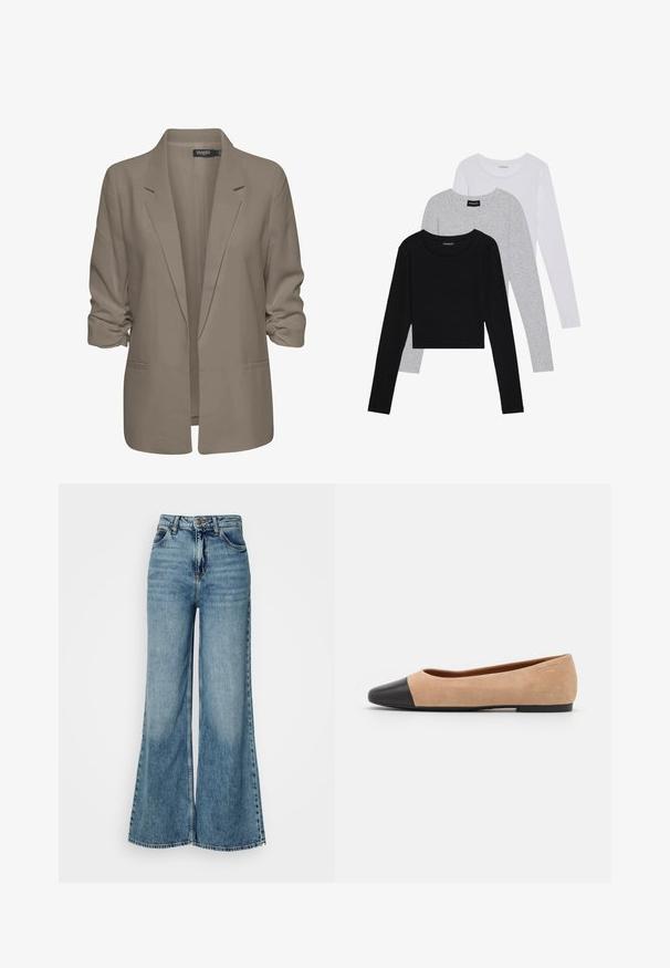 Beige, lockere Blazer aus glattem Stoff, mit umgeschlagenen Ärmeln, zwei seitlichen Taschen und einemreversierten Kragen.; Drei langärmelige Oberteile gestapelt: schwarz, grau und weiß. Jedes hat einen runden Halsausschnitt und ein kurzes Design aus glattem, leichtem Stoff.; Hoch taillierte, hellblaue weite Jeans mit Fronttaschen und Knopfverschluss, vor einem schlichten weißen Hintergrund gezeigt.; Beige Wildleder Ballerina mit einer runden Zehenkappe aus schwarzem Leder, niedrigem Absatz und glatter Textur, mit minimaler Nahtverarbeitung und klarem Design.