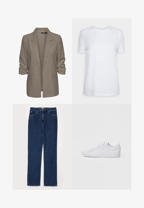 Béžový voľný sako, vyrobené z hladkej látky, má zrolované rukávy, dve bočné vrecká a design so zárezom na klopách.; Biele tričko s krátkym rukávom vyrobené z bavlny. Dizajn s okrúhlym výstrihom, s hladkou textúrou a bez viditeľných vzorov alebo akcentov. Základný štýl.; Džínsy v tmavomodrej farbe, s rovnými nohavicami, s piatimi vreckami, pevný pás a viditeľné švy.; Biele nízkopriehnuté tenisky Puma s šnurovaním vpredu, decentným brandingom na boku a podošve a hladkým syntetickým zvrškom, ideálne na príležitostné nosenie.