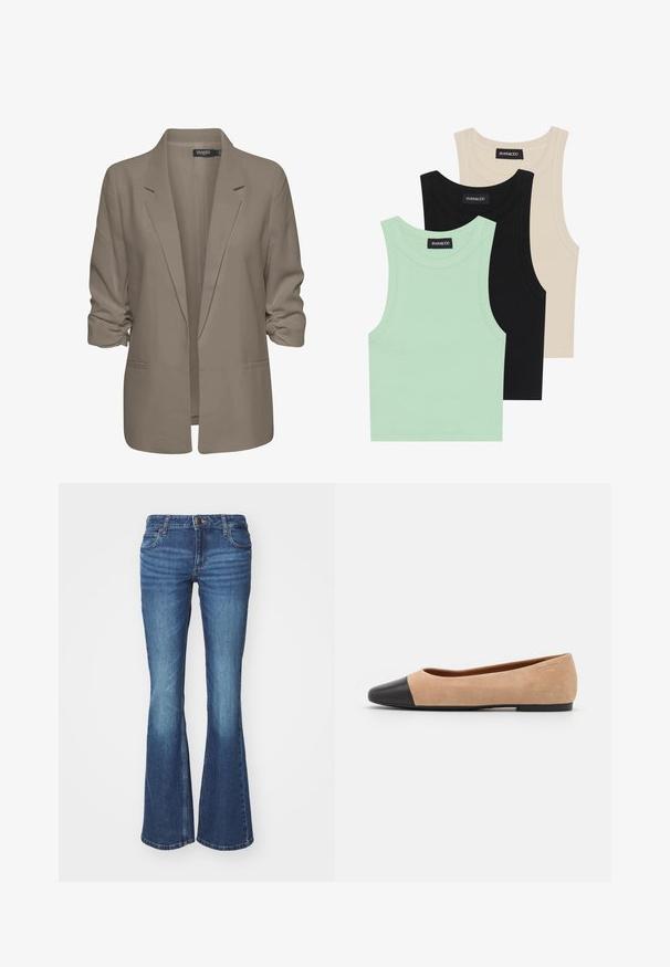 Blazer beige ample, fabriqué en tissu lisse, présente des manches retroussées, deux poches latérales et un design à revers.; Trois débardeurs en vert menthe, noir et beige ; fabriqués en tissu côtelé avec un col rond et sans manches. Étiquette de marque visible.; Jean évasé en denim bleu moyen. Dispose d'une fermeture éclair avec un bouton en métal, de deux poches avant et de détails décolorés près des genoux.; Ballet flat en suédine beige avec un embout rond en cuir noir, petit talon et texture lisse, présentant des coutures minimales et un design épuré.