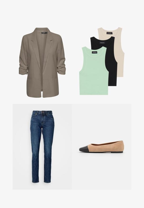 Béžový voľný sako, vyrobené z hladkej látky, má zrolované rukávy, dve bočné vrecká a design so zárezom na klopách.; Tričko bez rukávov v mätovej zelenej, čiernej a béžovej farbe; vyrobené z rebrovanej tkaniny s okrúhlym výstrihom. Viditeľná značka značky.; Džinsy v tmavom modrom prameni s vysokým pásom, rovným strihom, kontrastným šitím a jedným predným zapínaním na gombík.; Béžové semišové baletky s čiernou koženou okrúhlou špičkou, nízkym podpätkom a hladkou textúrou, s minimálnym prešívaním a čistým dizajnom.