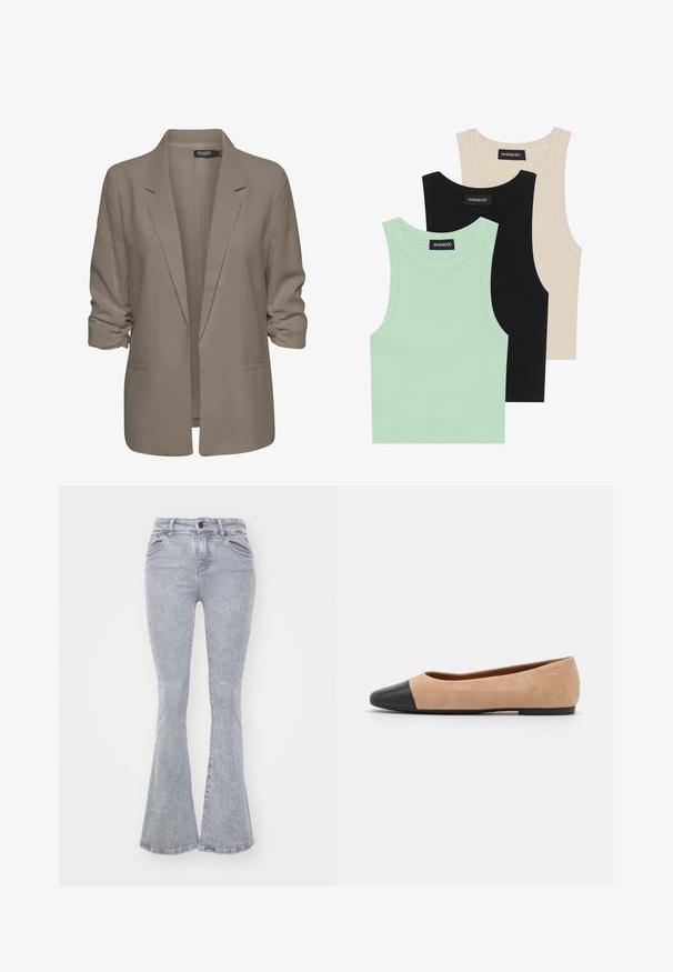Blazer beige de corte holgado, hecho de tela suave, presenta mangas enrolladas, dos bolsillos laterales y un diseño de solapa muesca.; Tres camisetas sin mangas en verde menta, negro y beige; hechas de tela acanalada con un escote redondo. Etiqueta de la marca visible.; Vaqueros acampanados grises de denimbre con una textura suave, que presentan una cintura alta, cinco bolsillos y un cierre de botón.; Bailarina de ante beige con una puntera redondeada de cuero negro, tacón bajo y textura suave, que presenta costuras mínimas y un diseño limpio.
