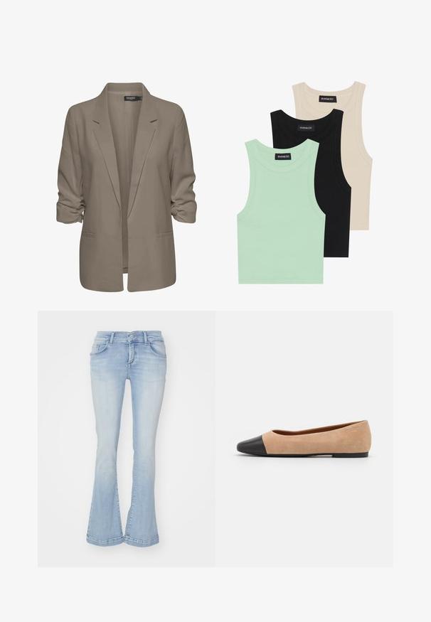 Blazer beige de corte holgado, hecho de tela suave, presenta mangas enrolladas, dos bolsillos laterales y un diseño de solapa muesca.; Tres camisetas sin mangas en verde menta, negro y beige; hechas de tela acanalada con un escote redondo. Etiqueta de la marca visible.; Jeans acampanados de color azul claro en tejido de mezclilla con cinco bolsillos, pasadores para cinturón y costuras visibles en el dobladillo. Textura suave con ligeras decoloraciones.; Bailarina de ante beige con una puntera redondeada de cuero negro, tacón bajo y textura suave, que presenta costuras mínimas y un diseño limpio.
