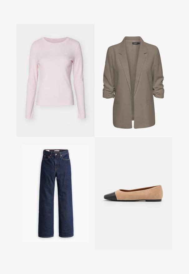 Bež jakna slobodnog kroja, izrađena od glatkog materijala, ima podvrnute rukave, dva bočna džepa i dizajn s izrezanim reverom.; Levi's® ESSENTIAL TEE - Top dugih rukava - potpourri; Tamno plave traperice ravnog kroja s pet džepova, narančastom šavom i zatvaranjem na gumb.; Bež balerinke od suede materijala s crnim kožnim zaobljenim vrhom, niskom potpeticom i glatkom površinom, s minimalnim šavovima i čistim dizajnom.