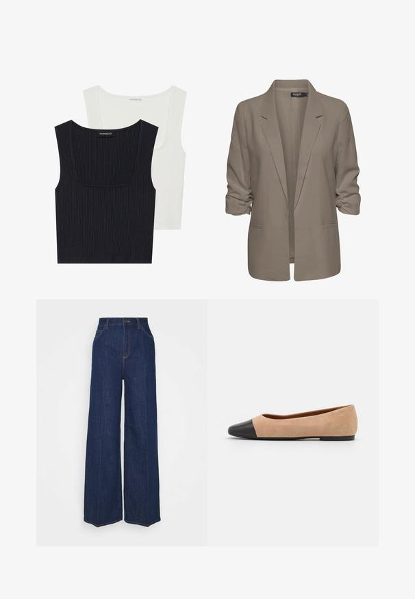 Beige loose-fitting blazer, made of smooth fabric, features rolled sleeves, two side pockets, and a notched lapel design.; Two ribbed tank tops in black and white. Both feature a square neckline, thin straps, and a soft, textured fabric.; High-waist wide-leg dark blue denim jeans with front and back pockets, button closure, and visible stitching details.; Beige suede ballet flat with a black leather rounded toe cap, low heel, and smooth texture, featuring minimal stitching and a clean design.