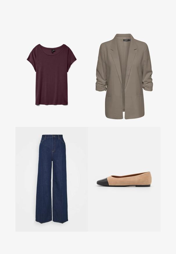 Blazer bej, cu croi lejer, fabrică netedă, are mâneci suflate, două buzunare laterale și un design cu rever zimțat.; Tricou scurt, de culoare vișinie, cu guler rotund, realizat dintr-un material moale cu o textură fină. Are o croială lejeră și detalii minime de cusătură.; Blugi din denim întunecat, cu talie înaltă și picioare largi, cu buzunare laterale și pe spate, închidere cu buton și detalii vizibile de cusătură.; Baletă din suede bej cu vârf rotund din piele neagră, toc jos și textură netedă, având cusături minime și un design curat.