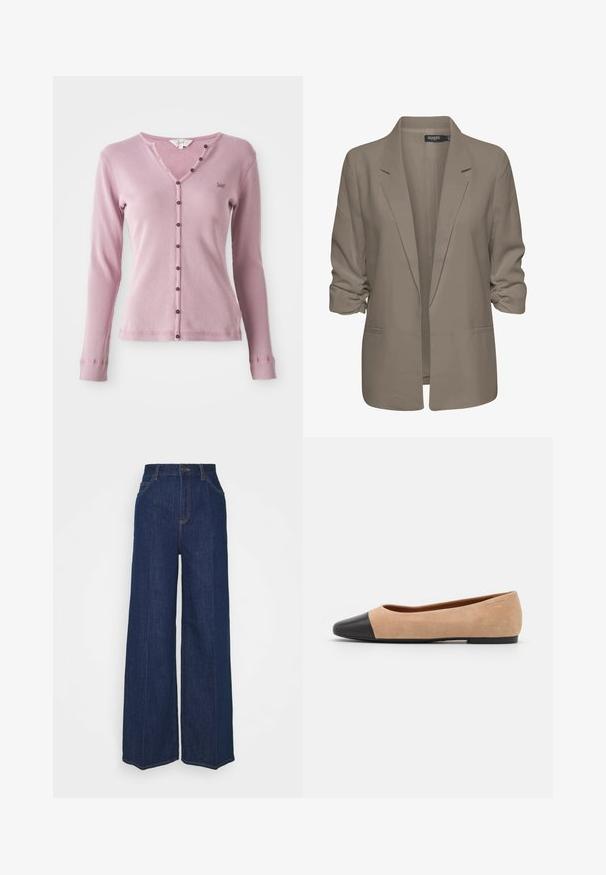 Beżowa, luźno dopasowana marynarka, wykonana z gładkiego materiału, z podwiniętymi rękawami, dwoma bocznymi kieszeniami i klapami w stylu notch.; Różowa, prążkowana, długorękawowa kardiganka z dekoltem w kształcie litery V, wyposażona w brązowe guziki z przodu oraz małe logo na lewej piersi.; Jeansy z wysokim stanem, szerokimi nogawkami w ciemnoniebieskim kolorze, z kieszeniami z przodu i z tyłu, z zapięciem na guzik oraz widocznymi detalami w stieniu.; Beżowe zamszowe baleriny z czarnym skórzanym okrągłym noskiem, niskim obcasem i gładką teksturą, charakteryzujące się minimalnym przeszyciem i prostym designem.