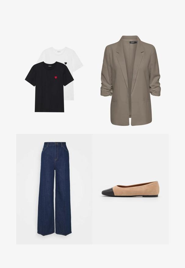 Béžový voľný sako, vyrobené z hladkej látky, má zrolované rukávy, dve bočné vrecká a design so zárezom na klopách.; Even&Odd 2 PACK - Tričko s potlačou - white/black; Džíns s vysokým pásom a širokými nohavicami, tmavomodrej farby, s prednými a zadnými vreckami, zapínaním na gombík a viditeľnými švy.; Béžové semišové baletky s čiernou koženou okrúhlou špičkou, nízkym podpätkom a hladkou textúrou, s minimálnym prešívaním a čistým dizajnom.