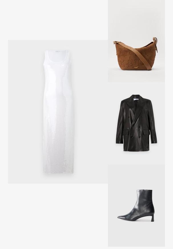 Mustast nahast kahe nööbiga bleiser laiale kraele, esikottidele ja nööpirnidele. Sile tekstuur koos kohandatud siluetiga.; Pikk valge ilma varrukateta kleit, millel on ümmargune kaelus ja tekstuuritud muster, mis on kaunistatud sädelevate pärlitega, luues läikiva efekti.; Mustad mustall nahkasaabas terava nina ja stiilse disainiga. Omab madalat konts ja luku sulgemist taga. Sile tekstuur.; Pruun sametist õlavarre kott, millel on reljeefne lillemuster, mida täiendab sile pruun nahast rihm ja kuldse tooni lisandid.