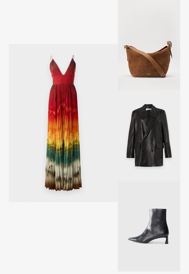 Musta nahkainen kaksirivinen bleiseri leveillä kauluksilla, etutaskuilla ja napitusyksityiskohdilla. Säihkeä pinta ja muotoiltu siluetti.; Maximeikkimekko syvällä V-kaula-aukolla, jossa on laskoksia. Väri-gradientti punaisesta oranssiin, joka siirtyy vihreäksi ja ruskeaksi helmaosassa. Säädettävät olkaimet.; Musta nahkainen nilkkabotti, jossa on teräväkärkinen muotoilu ja tyylikäs design. Varusteena matala korko ja takana vetoketjukiinnitys. Sileä pinta.; Ruskea mokkasiiniolkalaukku, jossa on kohokuvioitu kukkakuvio, jota täydentävät sileä ruskea nahkaremmi ja kultasävyiset yksityiskohdat.