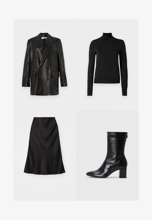 Blazer en cuir noir à double boutonnage avec larges revers, poches avant et accents en bouton. Texture lisse avec une silhouette cintrée.; Pull à col roulé noir à manches longues avec des poignets et un ourlet côtelés, présenté sur un fond blanc uni.; Jupe en satin noir avec une texture lisse, une forme évasée et une taille élastique. Design minimaliste, sans motifs ni accents supplémentaires.; Bottine en cuir noir avec un bout pointu et un talon carré de 4 cm. Design élégant avec une fermeture éclair sur le côté pour un enfilage facile. Texture lisse.