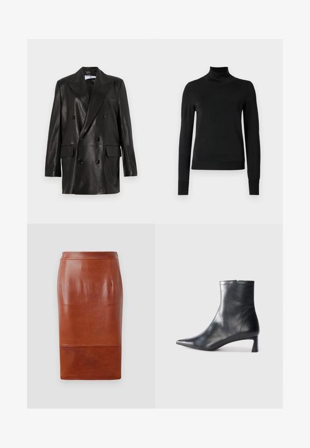 Mustast nahast kahe nööbiga bleiser laiale kraele, esikottidele ja nööpirnidele. Sile tekstuur koos kohandatud siluetiga.; Mustmusterta mustaga pikkade varrukatega kõrge kaelusega sviiter, millel on ribakudumisega mansetid ja äär, esitatud lihtsal valgel taustal.; Pruun nahkne pliiatsiga seelik, millel on sile tekstuur, põlvepikkune disain ja kerge läige. Omab sobivat vöökohta ja küljetaskuid.; Mustad mustall nahkasaabas terava nina ja stiilse disainiga. Omab madalat konts ja luku sulgemist taga. Sile tekstuur.