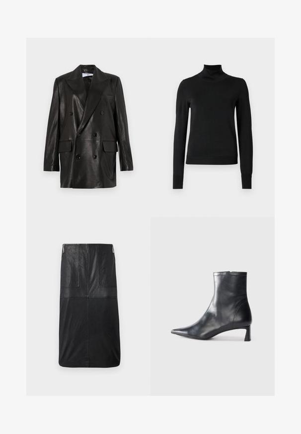 Zwarte leren dubbelbreasted blazer met brede revers, voorzakken en knoopaccenten. Gladde textuur met een getailleerd silhouet.; Zwarte trui met lange mouwen en col, voorzien van geribde manchetten en zoom, weergegeven op een effen witte achtergrond.; Zwarte leren kokerrok, van gemiddelde lengte, met een gladde textuur, verticale stikdetails en een discreet zijrits.; Zwarte leren enkellaars met een spitse neus en een slank ontwerp. Heeft een lage hak en een ritssluiting aan de achterkant. Gladde textuur.