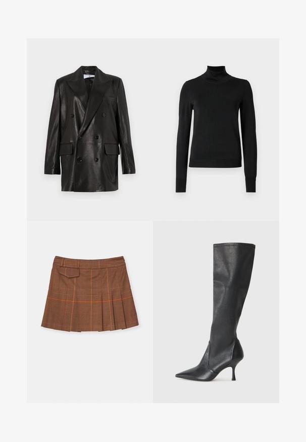 Blazer din piele neagră, cu două rânduri de nasturi, guler larg, buzunare frontale și accente din nasturi. Textură netedă cu o siluetă croită.; Pulover negru cu mânecă lungă și guler tip colier, cu manșete și tiv cu elastic, expus pe un fundal alb simplu.; Fustă în carouri maro, cu un design plisat, accente portocalii și un buzunar lateral. Confecționată dintr-un material texturat, cu talie ajustată.; Botine din piele neagră, până la genunchi, cu vârf ascuțit și toc subțire stiletto. Textură netedă, cu un design ajustat și cusături la marginea superioară.