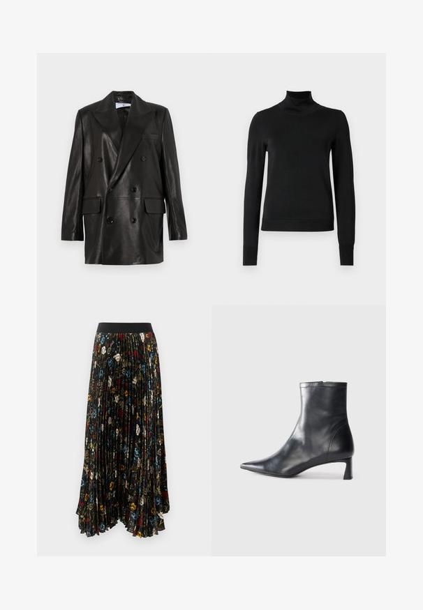 Mustast nahast kahe nööbiga bleiser laiale kraele, esikottidele ja nööpirnidele. Sile tekstuur koos kohandatud siluetiga.; Mustmusterta mustaga pikkade varrukatega kõrge kaelusega sviiter, millel on ribakudumisega mansetid ja äär, esitatud lihtsal valgel taustal.; Mustriga pleediga maksihunnik seelik mustast kangast, millel on lillemuster punases, sinises ja valges, koos ühetasandi mustast elastse vöökohtaga.; Mustad mustall nahkasaabas terava nina ja stiilse disainiga. Omab madalat konts ja luku sulgemist taga. Sile tekstuur.