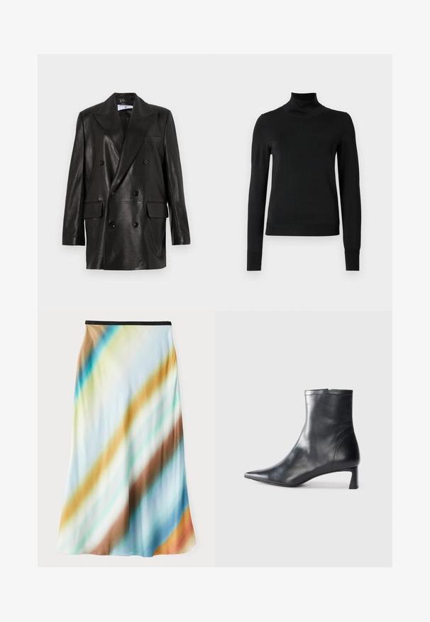 Čierny kožený dvojradový blejzer so širokými klopami, prednými vreckami a gombíkovými detailami. Hladká textúra s priliehavým strihom.; Čierny dlhý rukáv rolák s rebrovanými manžetami a lemom, zobrazený na čistej bielej pozadí.; Midi sukňa z ľahkej a prúdivej látky. Obsahuje gradientový vzor s diagonálnymi pruhmi v modrej, hnedej a krémovej farbe. Čierny pás.; Čierne kožené členkové topánky s špicatou špičkou a elegantným dizajnom. Majú nízky podpätok a zips na zadnej strane. Hladká textúra.