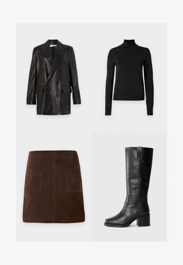 Zwarte leren dubbelbreasted blazer met brede revers, voorzakken en knoopaccenten. Gladde textuur met een getailleerd silhouet.; Zwarte trui met lange mouwen en col, voorzien van geribde manchetten en zoom, weergegeven op een effen witte achtergrond.; Bruin suède rok met een klassieke A-lijn vorm, twee voorzakken met ronde kleppen en subtiele stikdetails.; Zwarte leren kniehoge laarzen met een gladde textuur, vierkante neus, blokhak en zijhandvat, met minimale stikseldetails.