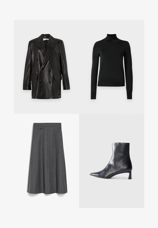 Blazer doppiopetto in pelle nera con ampi revers, tasche frontali e dettagli in bottone. Texture liscia con silhouette su misura.; Pullover nero a maniche lunghe con collo alto, rifinito con polsini e orlo a coste, mostrato su uno sfondo bianco semplice.; Gonna grigia a lunghezza ginocchio realizzata in tessuto strutturato, con chiusura frontale con bottoni, vita aderente e leggere pieghe per una maggiore libertà di movimento.; Stivaletto in pelle nera con punta affusolata e design elegante. Presenta un tacco basso e una chiusura con zip sul retro. Texture liscia.