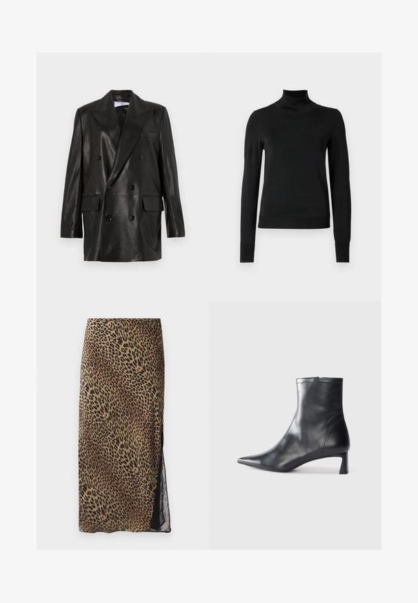 Svart läder dubbelknäppt blazer med breda slag, framfickor och knappdetaljer. Slät textur med skräddarsydd silhuett.; Svart långärmad polotröja med ribbade muddar och nederkant, visad mot en enkel vit bakgrund.; Leopardmönstrad midiklänning med en kroppsnära silhuett, genomskinlig spetspanel på sidan och en slät tygtextur i jordnära nyanser.; Svart läder ankelboot med spetsig tå och en smidig design. Har en låg klack och en dragkedjestängning bak. Slät textur.