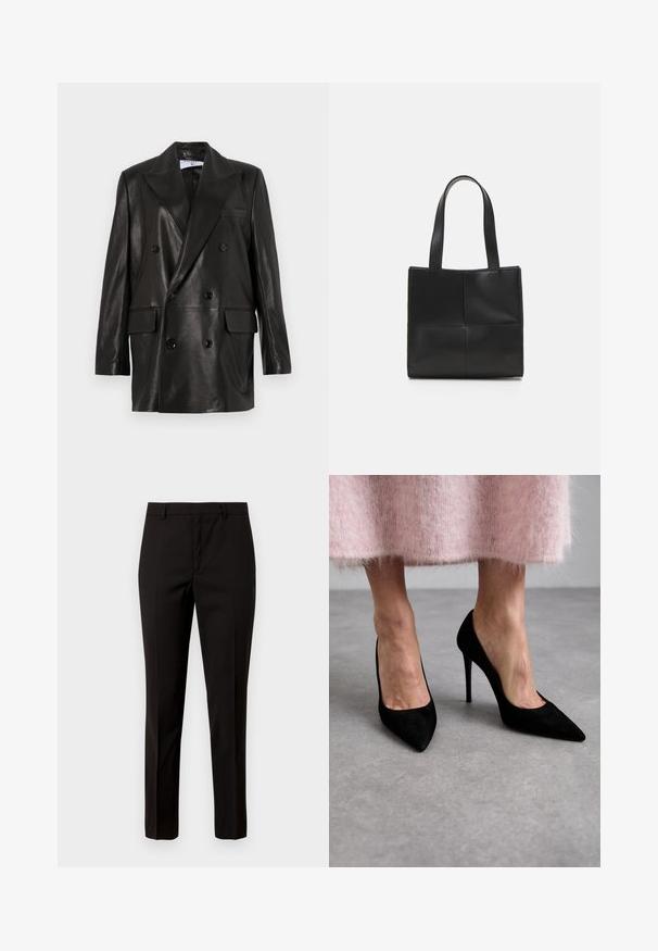 Blazer de cuero negro de doble botonadura con amplias solapas, bolsillos frontales y detalles de botones. Textura suave con una silueta entallada.; Suéter negro de manga larga con cuello de tortuga, con puños y dobladillo acanalados, exhibido sobre un fondo blanco liso.; Pantalones negros a medida con diseño de pierna recta, hechos de una tela suave, con frente plano y trabillas para cinturón. Sin patrones ni acentos visibles.; Tacones altos de ante negro con puntas afiladas y tacones de aguja. Combinados con una falda de peluche rosa, el enfoque está en el diseño y la textura del zapato.; Bolso tote de cuero negro con dos asas, forma rectangular, textura suave y diseño de paneles cosidos. Sin herrajes ni acentos adicionales.