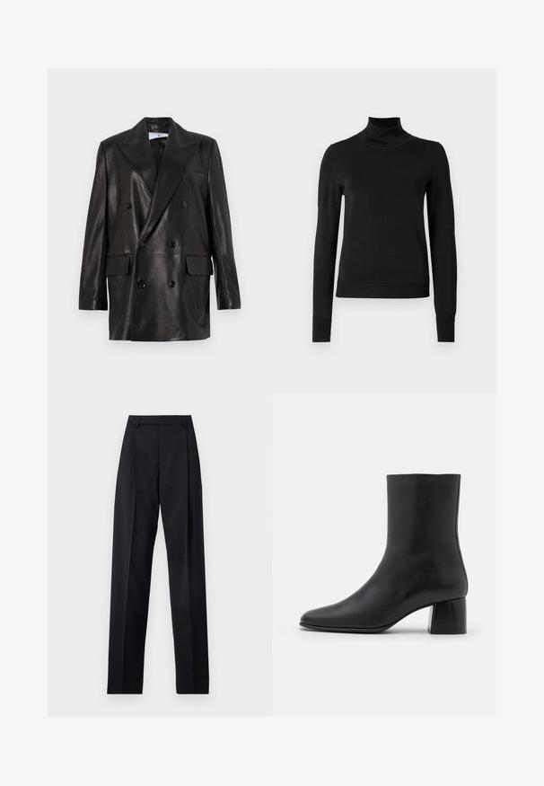 Mustast nahast kahe nööbiga bleiser laiale kraele, esikottidele ja nööpirnidele. Sile tekstuur koos kohandatud siluetiga.; Mustmusterta mustaga pikkade varrukatega kõrge kaelusega sviiter, millel on ribakudumisega mansetid ja äär, esitatud lihtsal valgel taustal.; Mustad püksid siledast kangast, millel on kõrge vöökoht, laiad jalad, esimesed kortsud ja klassikalised vööloopid. Küljepockets pole nähtavad.; Must musta ankle boot terava nina ja turske ruudukujulise kontsaga. Sile tekstuur, sujuv disain ja minimaalne õmblus.