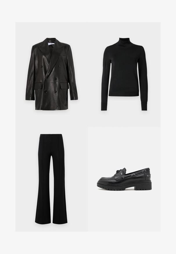 Schwarze Leder-Doppelreiher-Blazer mit breiten Revers, Fronttaschen und Knopfakzenten. Glatte Textur mit taillierter Silhouette.; Schwarzer Langarmrollkragenpullover mit gerippten Bündchen und Saum, auf einem schlichten weißen Hintergrund präsentiert.; Schwarze Schlaghose mit hoher Taille, aus dehnbarem Material. Mit vertikalen Nahtdetails auf der Vorderseite und einer glatten Textur.; Schwarze Lederloafers mit einer runden Zehenpartie, weißen Nähten, dekorativen Schnürungen und einer dicken, robusten Sohle. Verfügt über Metallösen an den Seiten.