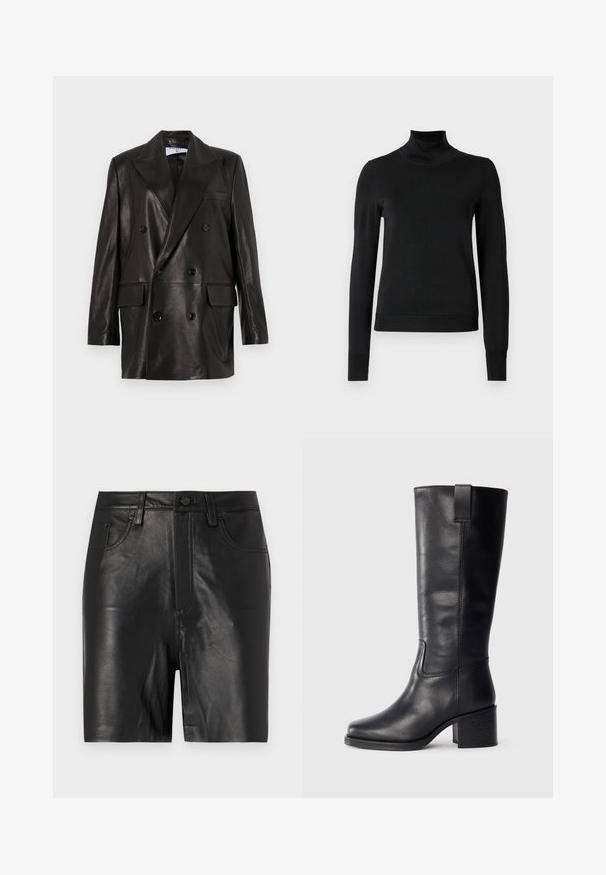 Melnas ādas divrindu žakete ar plašiem atlokiem, priekšējām kabatām un pogu akcentiem. Gluda tekstūra ar pielāgotu siluetu.; Melnas garām piedurknēm turtlenecks džemperis ar ribotām aprocēm un apakšmali, attēlots uz vienkārša balta fona.; Melnas ādas šorti ar gludu tekstūru, aprīkoti ar priekšējo rāvējslēdzēju, pogu aizdari un klasisko piecu kabatu dizainu.; Melnas ādas augstas līdz ceļgaliem zābaki ar gludu tekstūru, kvadrātveida purngaliem, blokveida papēdi un sānu cilpu, ar minimālām šuvju detaļām.