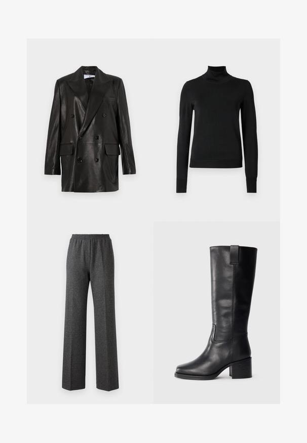 Blazer de cuero negro de doble botonadura con amplias solapas, bolsillos frontales y detalles de botones. Textura suave con una silueta entallada.; Suéter negro de manga larga con cuello de tortuga, con puños y dobladillo acanalados, exhibido sobre un fondo blanco liso.; Pantalones de pierna ancha grises con textura y cintura elástica, con un sutil patrón de espiga. Tela suave con un ajuste relajado.; Botas de cuero negro hasta la rodilla con una textura suave, punta cuadrada, tacón cuadrado y tirador lateral, con detalles de costura mínimos.