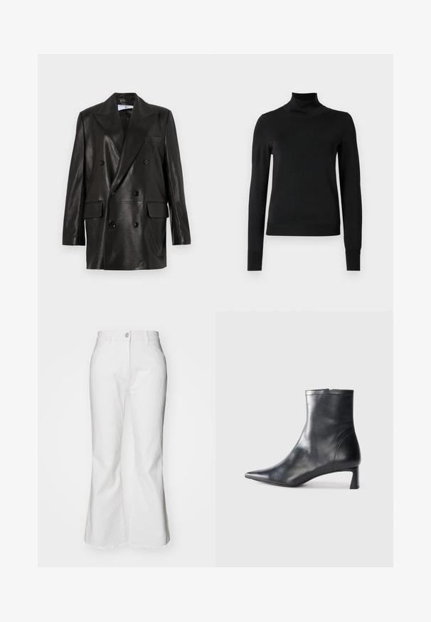 Sort læder dobbeltradet blazer med brede revers, forlommer og knapdetaljer. Glat tekstur med en skræddersyet silhuet.; Sort langærmet turtleneck sweater med ribbede manchetter og kant, vist på en simpel hvid baggrund.; Hvide flared jeans lavet af denim med en rå kant. Har en knaplukning og frontlommer. Klassisk design med et moderne snit.; Sort læder ankelstøvle med spids tå og et strømlinet design. Har en lav hæl og en lynlås lukning bagpå. Glat tekstur.
