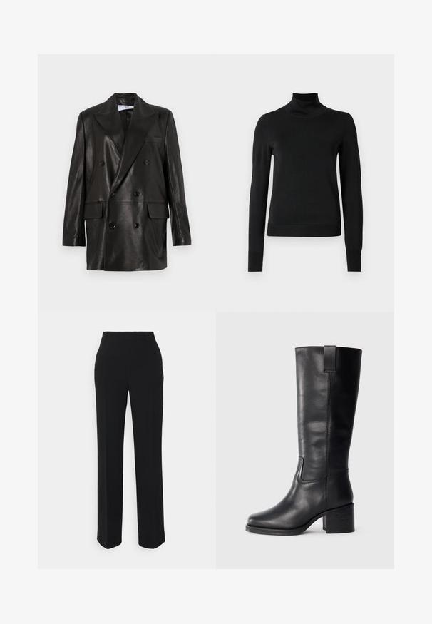 Svart läder dubbelknäppt blazer med breda slag, framfickor och knappdetaljer. Slät textur med skräddarsydd silhuett.; Svart långärmad polotröja med ribbade muddar och nederkant, visad mot en enkel vit bakgrund.; Svarta, raka byxor med en slät textur. Har midjeband och inga synliga mönster eller detaljer. Klassisk och skräddarsydd design.; Svart läder knähöga stövlar med slät yta, fyrkantig tå, blockklack och sidodragflik, som har minimala sömnadsdetaljer.