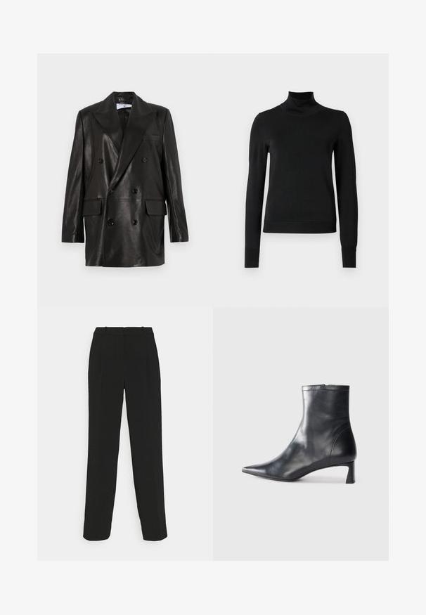 Blazer en cuir noir à double boutonnage avec larges revers, poches avant et accents en bouton. Texture lisse avec une silhouette cintrée.; Pull à col roulé noir à manches longues avec des poignets et un ourlet côtelés, présenté sur un fond blanc uni.; Pantalons noirs taillés avec une coupe droite, présentant une taille haute, des plis et une texture de tissu lisse.; Bottine en cuir noir avec un bout pointu et un design épuré. Présente un petit talon et une fermeture éclair à l'arrière. Texture lisse.