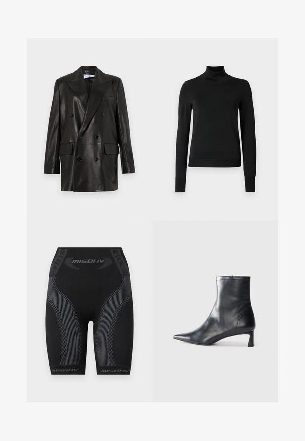Čierny kožený dvojradový blejzer so širokými klopami, prednými vreckami a gombíkovými detailami. Hladká textúra s priliehavým strihom.; Čierny dlhý rukáv rolák s rebrovanými manžetami a lemom, zobrazený na čistej bielej pozadí.; Čierne atletické šortky s priliehavým strihom, textúrovanou látkou, vertikálnymi pruhmi v sivej farbe a logom "MISBHV" na leme.; Čierne kožené členkové topánky s špicatou špičkou a elegantným dizajnom. Majú nízky podpätok a zips na zadnej strane. Hladká textúra.