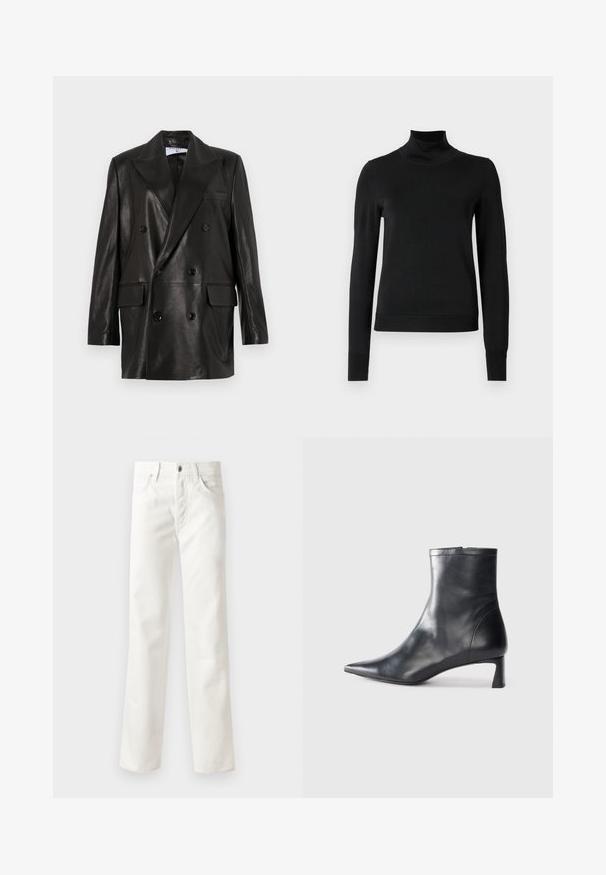 Juodas odinis dvigubos sagos švarkas su plačiais sklendais, priekinėmis kišenėmis ir mygtukų akcentais. Lygi tekstūra su pritaikytu siluetu.; Juoda ilgomis rankovėmis turtleneko tipo megztinis su rebruotomis rankovėmis ir apačia, eksponuojamas ant paprasto balto fono.; Baltos džinsinės kelnės su tiesiomis kojomis, penkiais kišenėmis, mygtuko užsegimu ir subtilia tekstūra. Baigtas diržo kilpomis ir standartiniu apvadu.; Juodas odinis kulkšninis batas su smailiu pirštu ir elegantišku dizainu. Turi žemą kulną ir užtrauktuką gale. Lygi tekstūra.