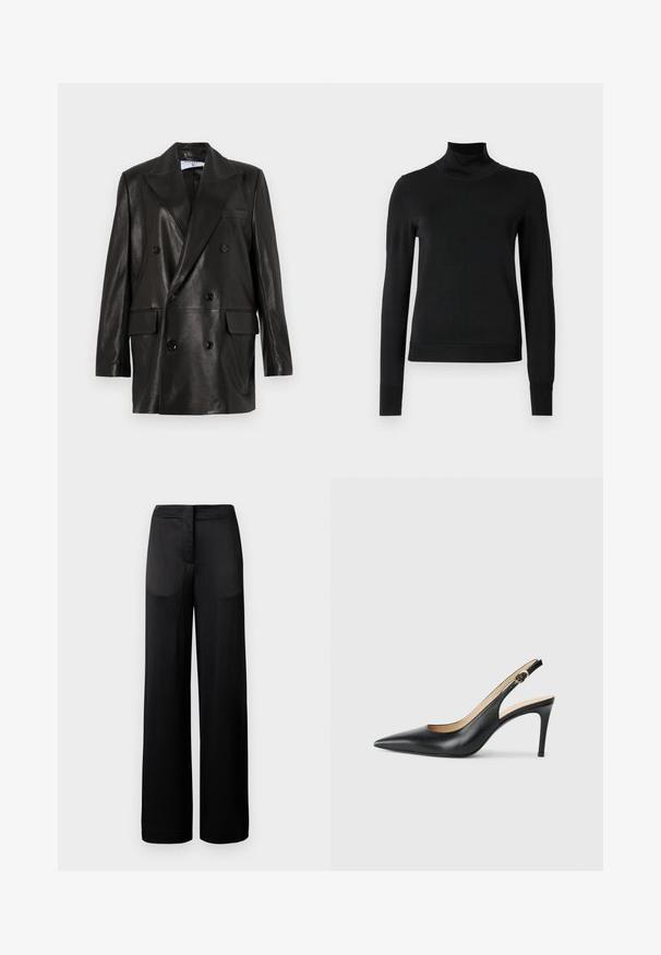 Mustast nahast kahe nööbiga bleiser laiale kraele, esikottidele ja nööpirnidele. Sile tekstuur koos kohandatud siluetiga.; Mustmusterta mustaga pikkade varrukatega kõrge kaelusega sviiter, millel on ribakudumisega mansetid ja äär, esitatud lihtsal valgel taustal.; Laiad mustad püksid tekstureeritud pinnaga, millel on lame vöökoht ja kaks kül pocketit. Kangas näib kergena ja voolavana.; Mustad nahast seljataga kõrged kontsad, kellel on terav varvas, reguleeritav rihm ja sujuva viimistlusega stiilne stiletto konts.