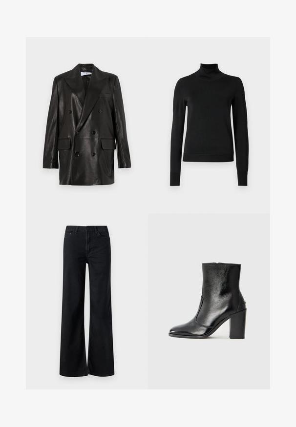 Blazer de cuero negro de doble botonadura con amplias solapas, bolsillos frontales y detalles de botones. Textura suave con una silueta entallada.; Suéter negro de manga larga con cuello de tortuga, con puños y dobladillo acanalados, exhibido sobre un fondo blanco liso.; Pantalones vaqueros de pierna ancha en negro fabricados en denim. Presentan un clásico diseño de cinco bolsillos, cierre con cremallera y detalles de costura sutiles. Textura suave.; Botín negro de cuero con textura suave, puntera puntiaguda y un tacón alto y robusto. Presenta una apertura lateral y un diseño minimalista.